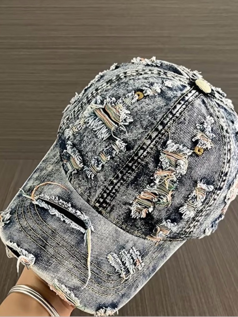 Distressed Acid-Wash Denim Baseball Cap - Black/Gray with Frayed Accents